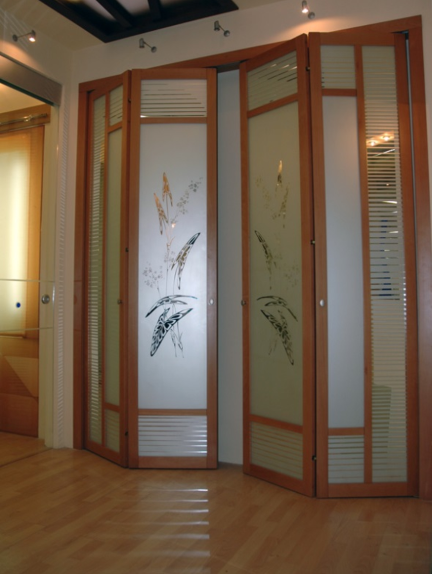 Широкие двери гармошка с матовым стеклом и рисунком Оренбург